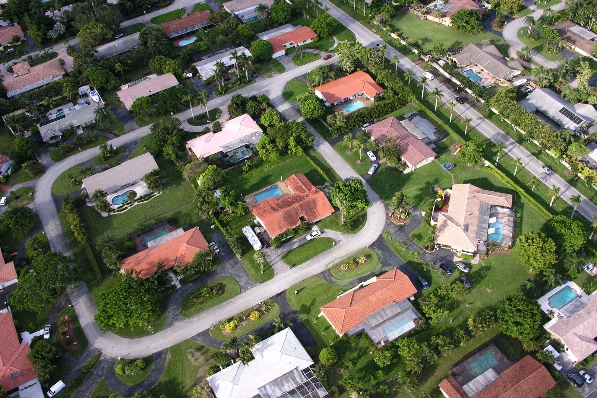 Aerial view of suburban Miami residential neighborhood.